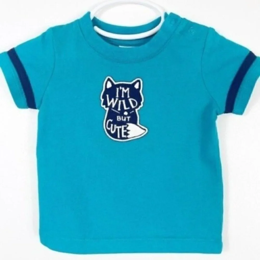 “ I’M WILD “ but Cute Fox short sleeve baby t-shirt Tee 0-3 months teal & blue